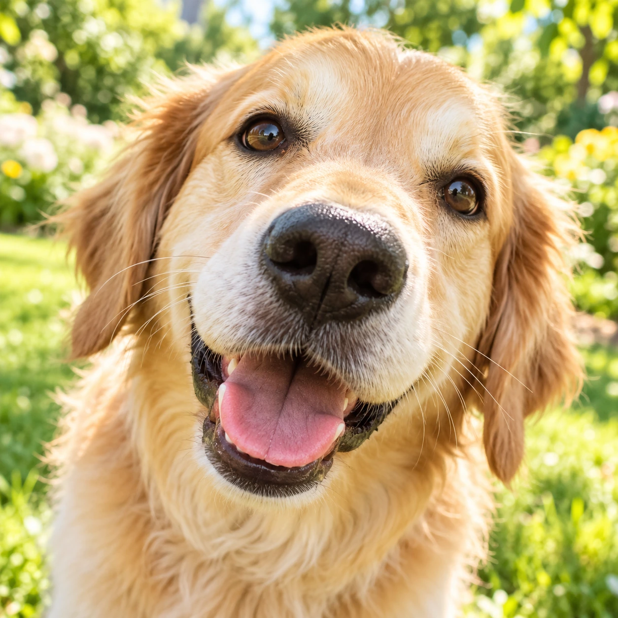 A happy cream-colored dog leans toward the camera with a goofy, curious expression.