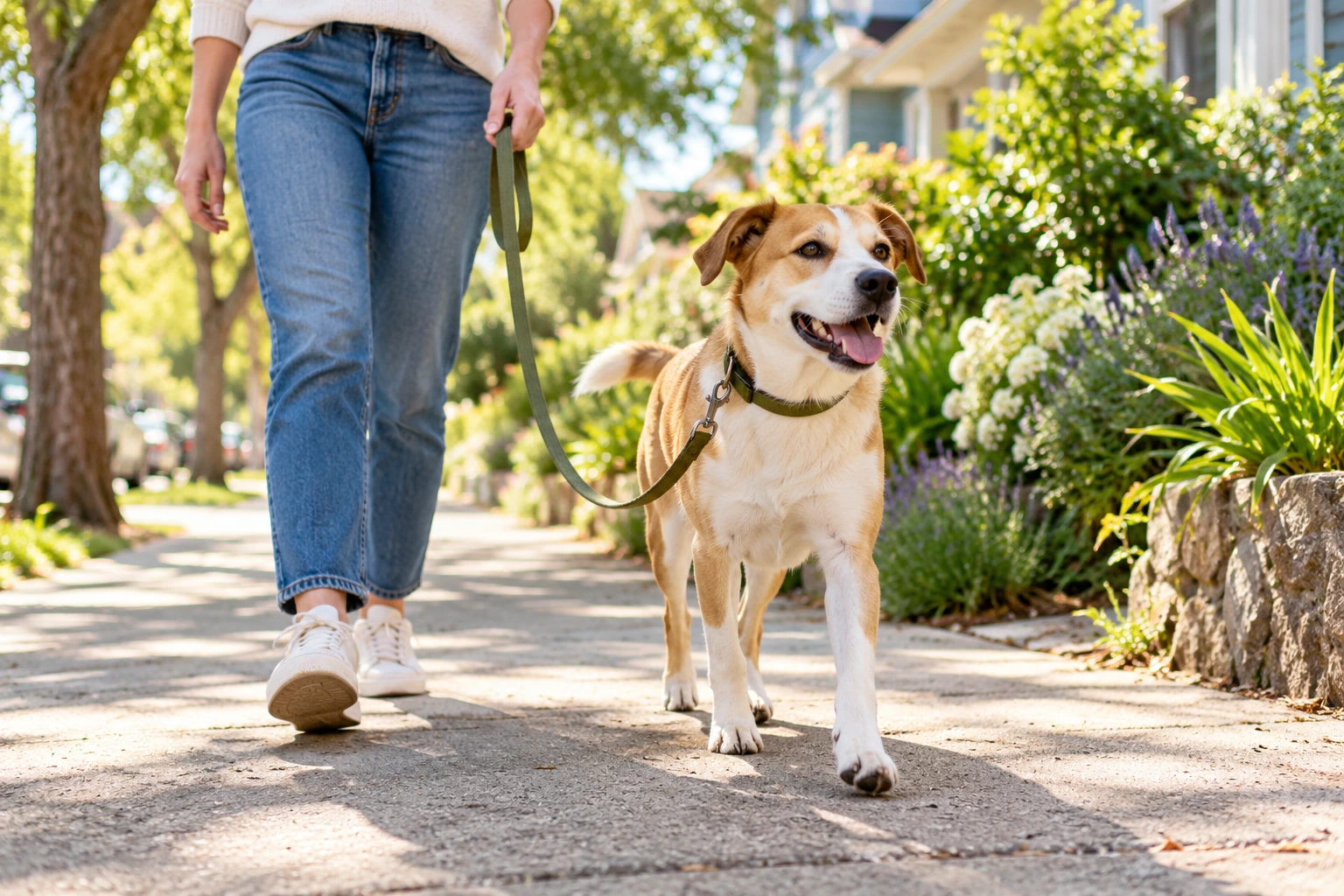 A dog and their person out on a neighborhood walk.