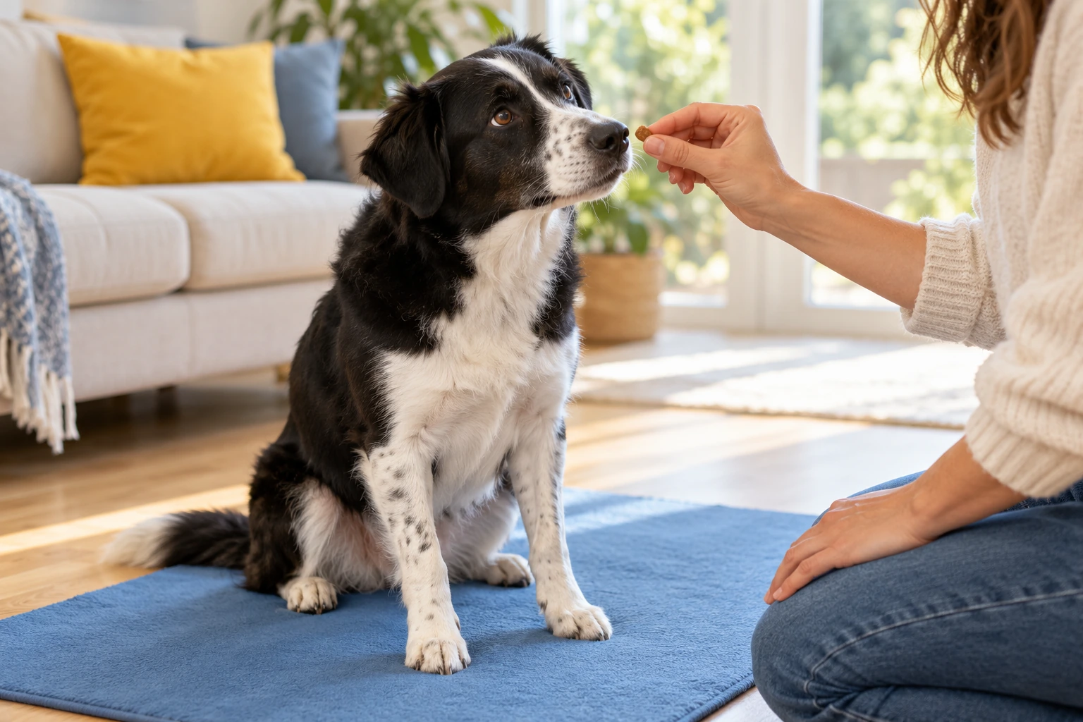 A dog pays attention to an adult offering a treat during a calm training moment on a blue mat.