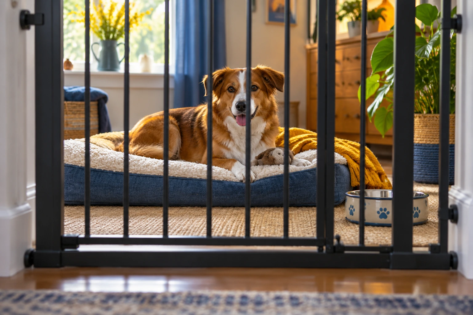 A dog resting in its own space behind a closed baby gate.
