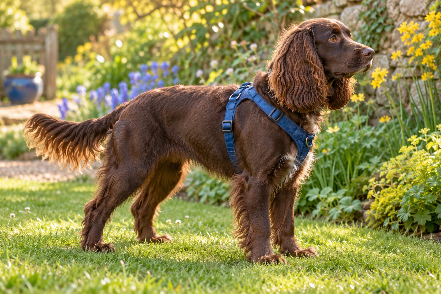 A chocolate spaniel standing in profile with its ears, tail and paws visible.