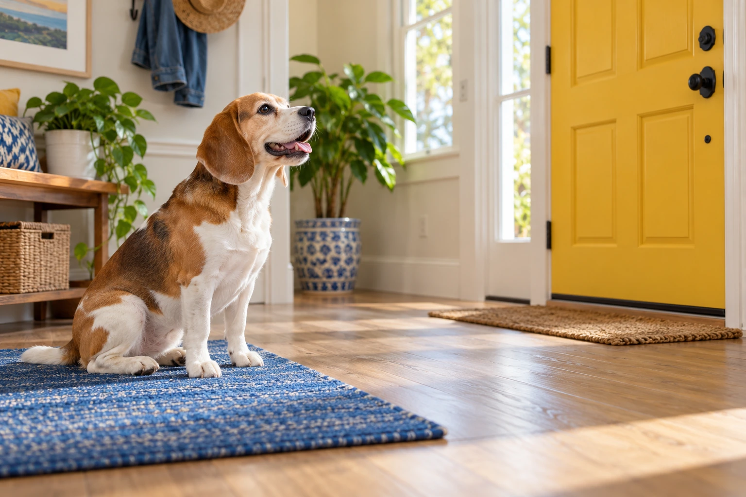A beagle on a blue mat several feet from a closed yellow front door.