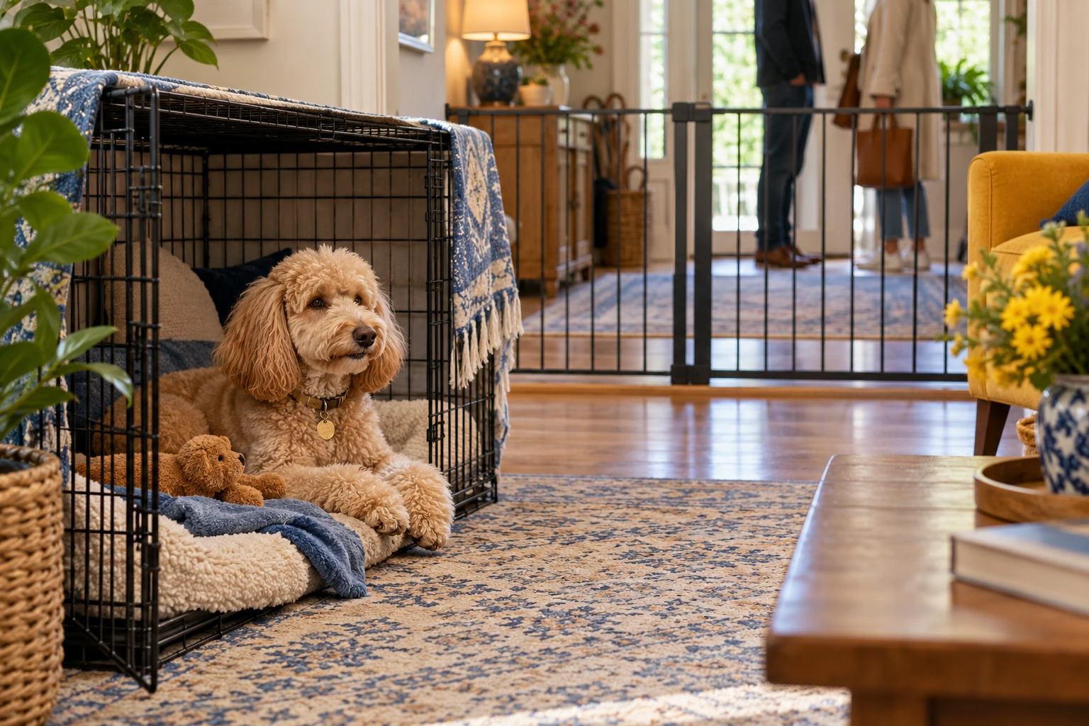A poodle resting in an open crate, separated from visitors by a closed gate.