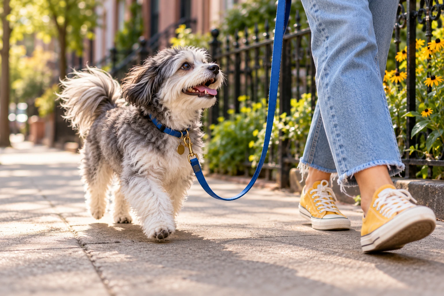 A small gray-and-white dog walking beside a person on a slack leash.