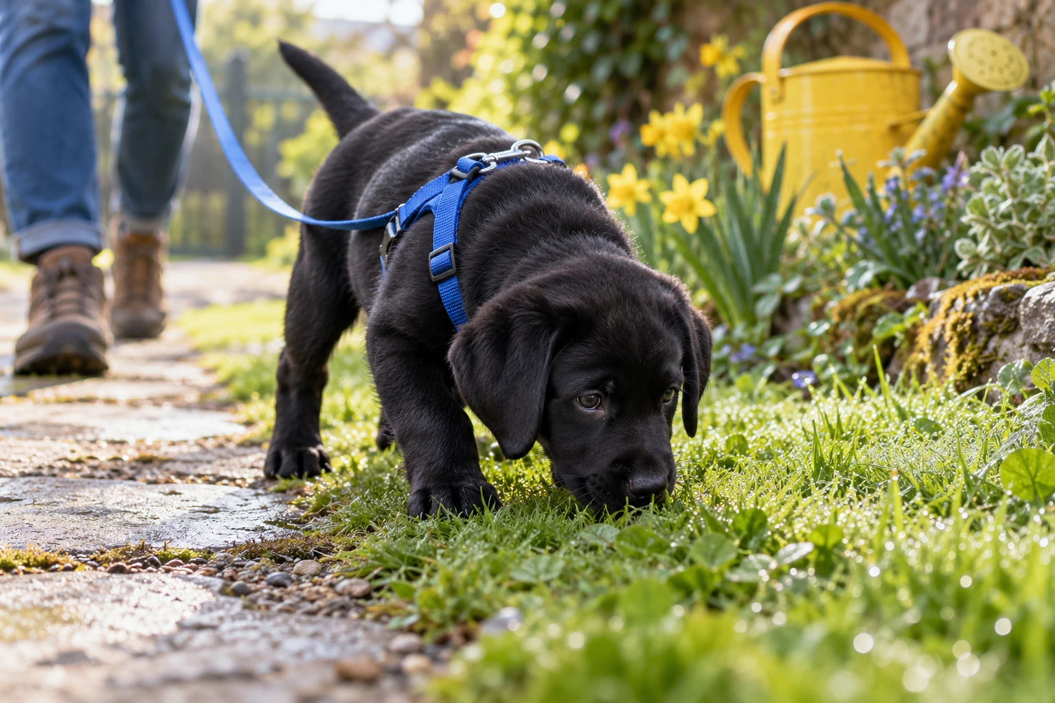 A black Labrador puppy sniffing grass on a garden walk.