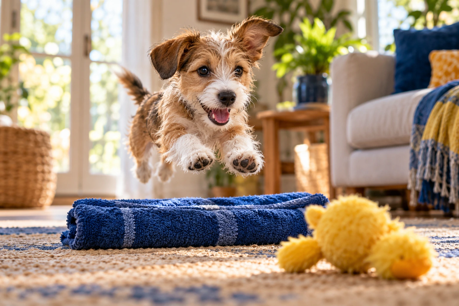 A scruffy terrier puppy playing with a yellow toy in a sunny room.