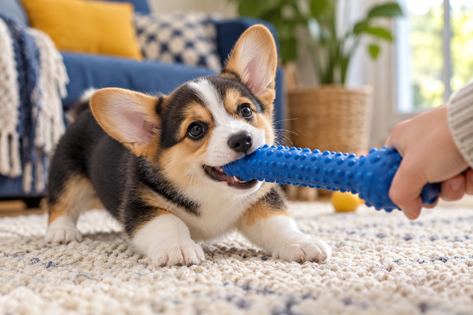 A corgi puppy chewing a blue toy held away from a person’s hand.