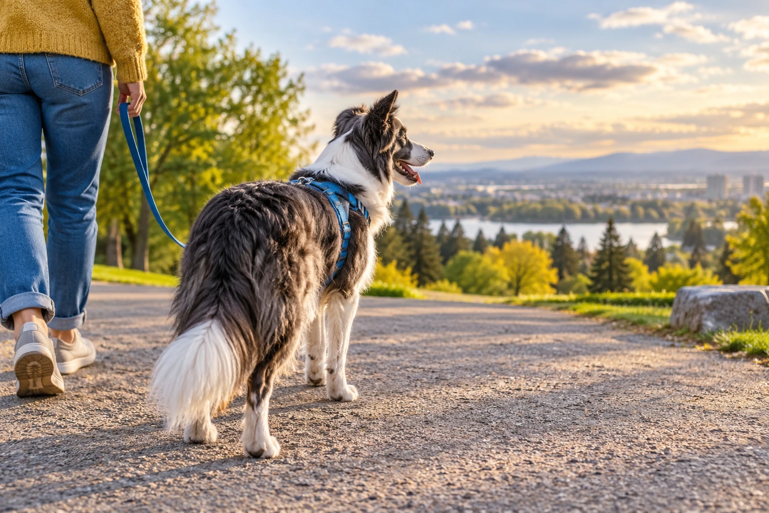An adult border collie beside a person on a wide park path.