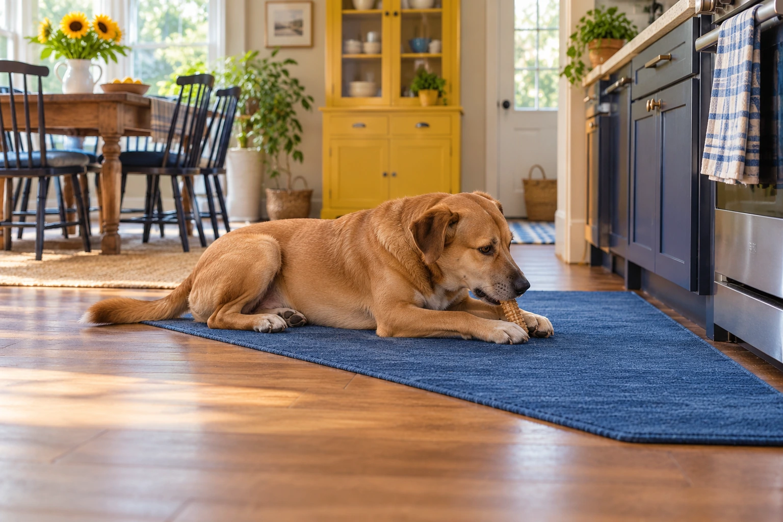 A tan dog chewing a toy on a kitchen mat with nobody approaching.