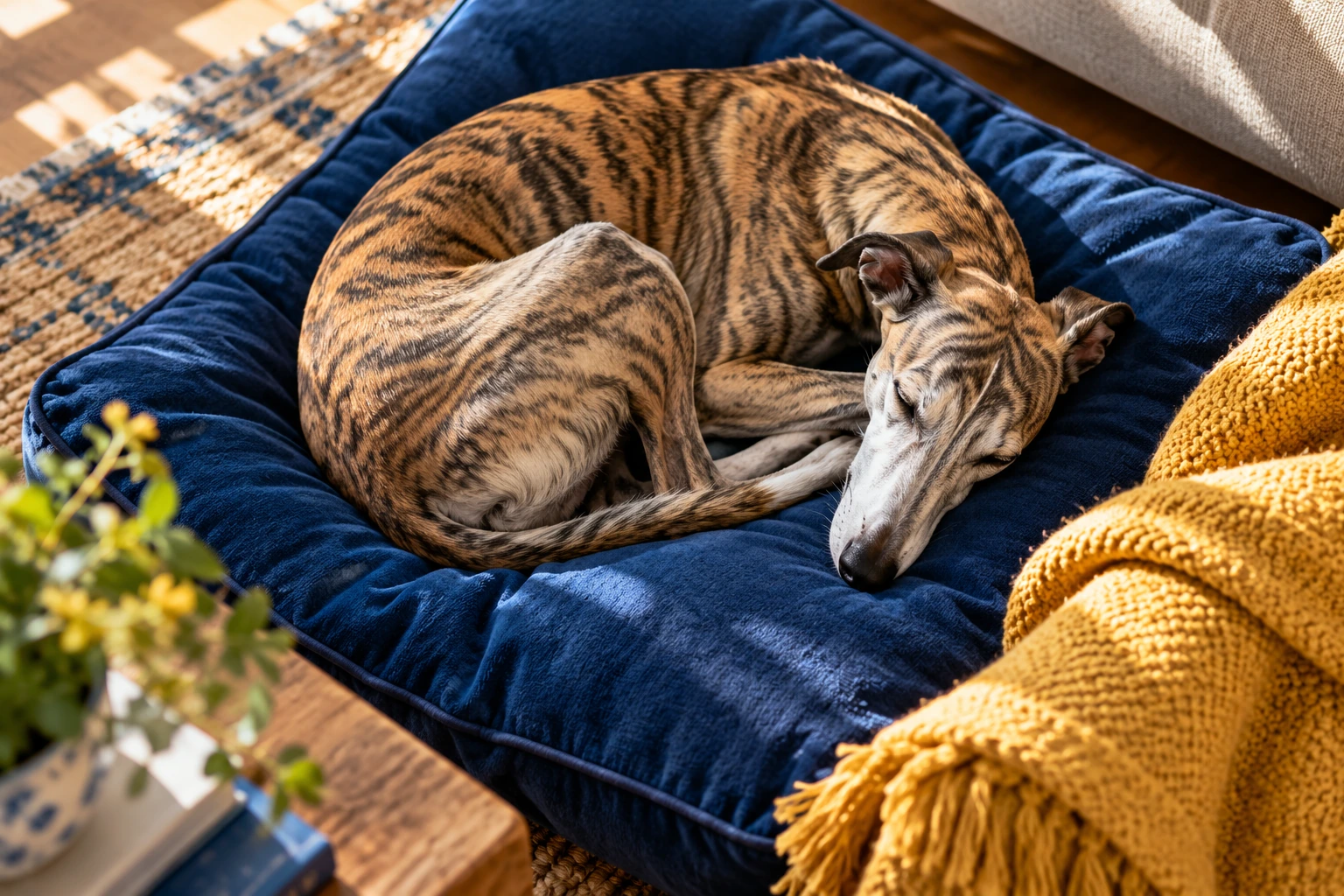 A brindle whippet resting on a blue cushion beside a yellow blanket.