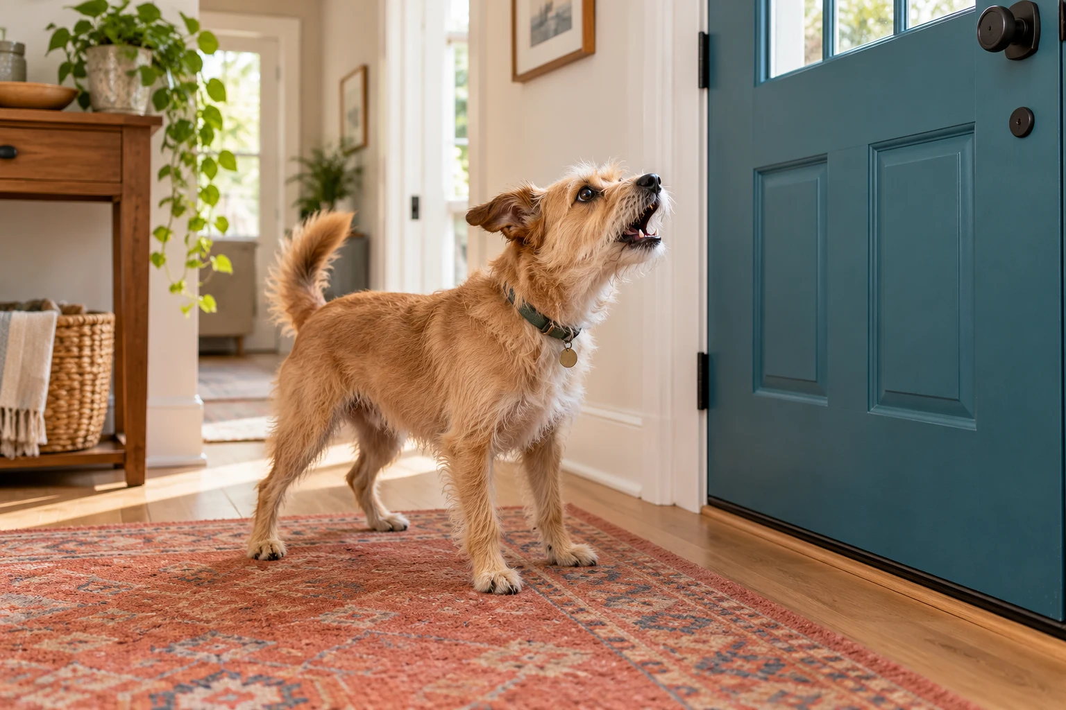 A small terrier barking toward a closed front door.