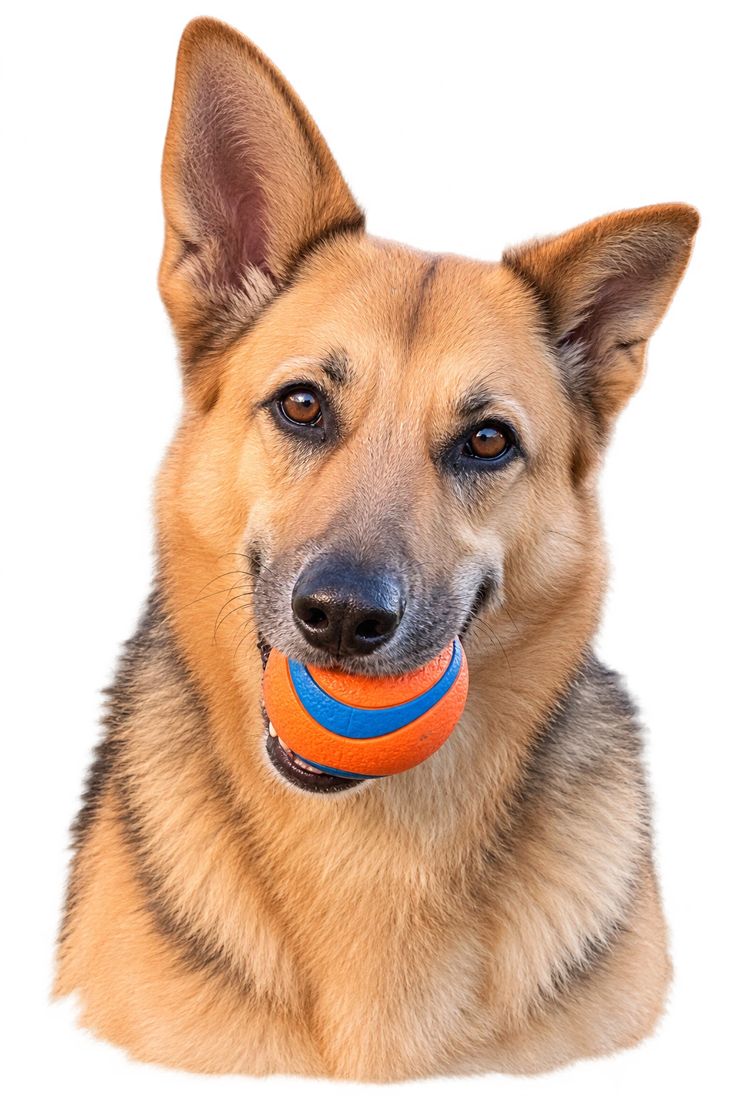 A portrait inspired by Luna, the German Shepherd behind LunaDogAI, with her orange-and-blue ball.