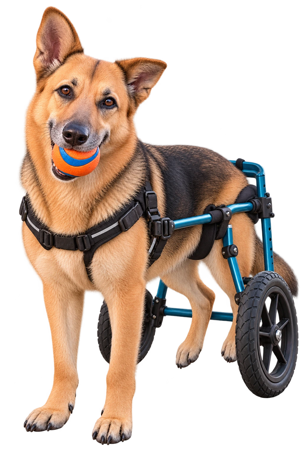 An AI-created portrait of happy Luna in her wheelchair with her orange-and-blue ball.