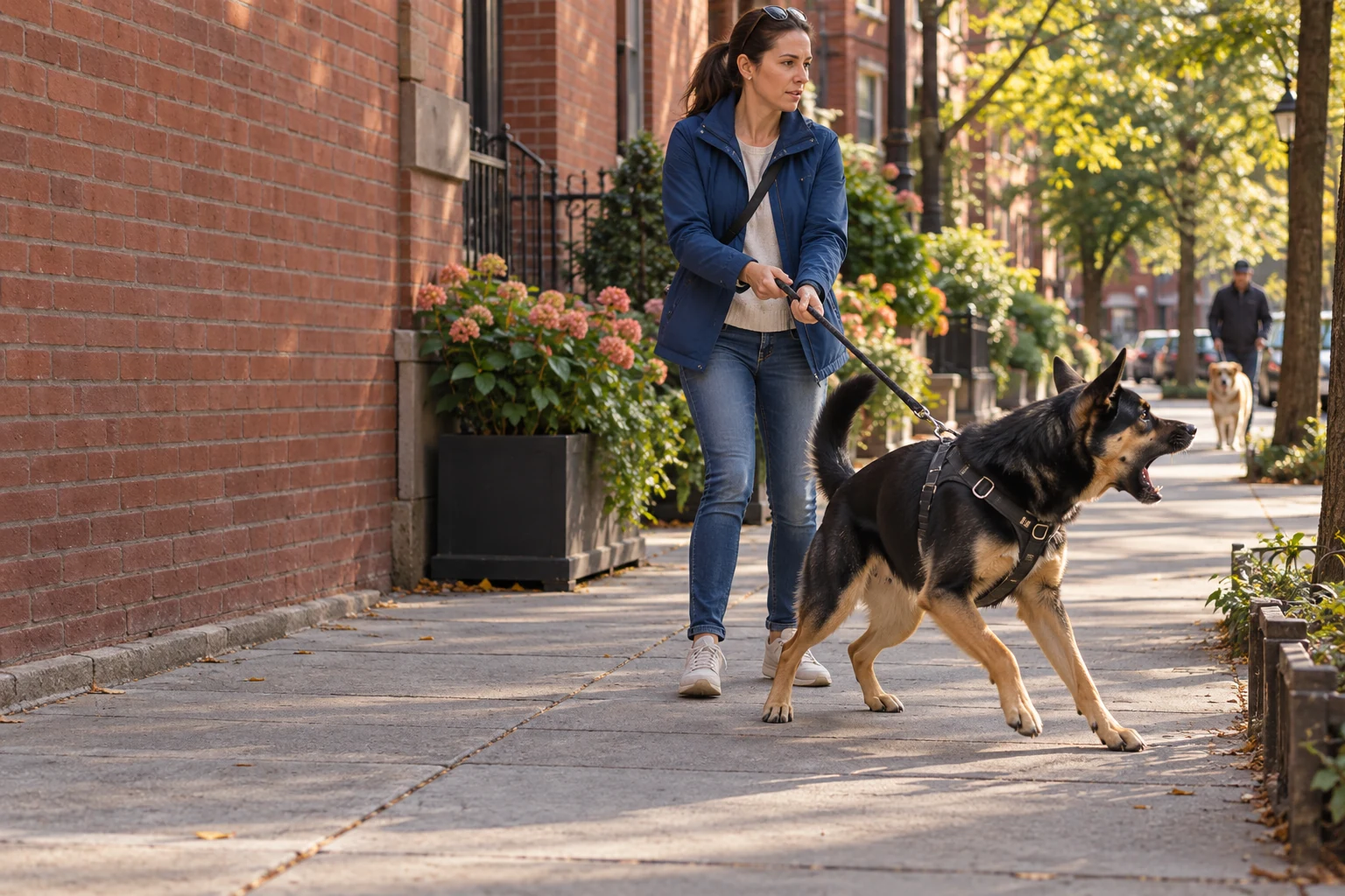 An owner holds the leash while their shepherd mix barks on a city sidewalk.